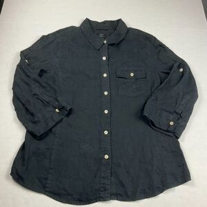 Talbots Irish Linen Button Shirt Black 3/4 Sleeve Classic Work Utility Top Large